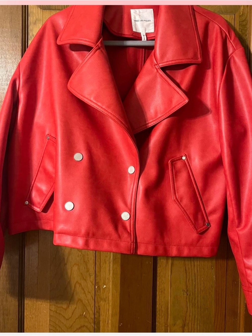 Avec Les Filles Red Cropped Leather Double-Breasted Jacket